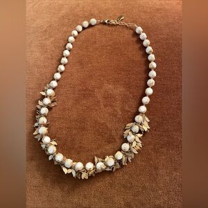 Stefanie Wolf white beaded and goldtone leaf necklace